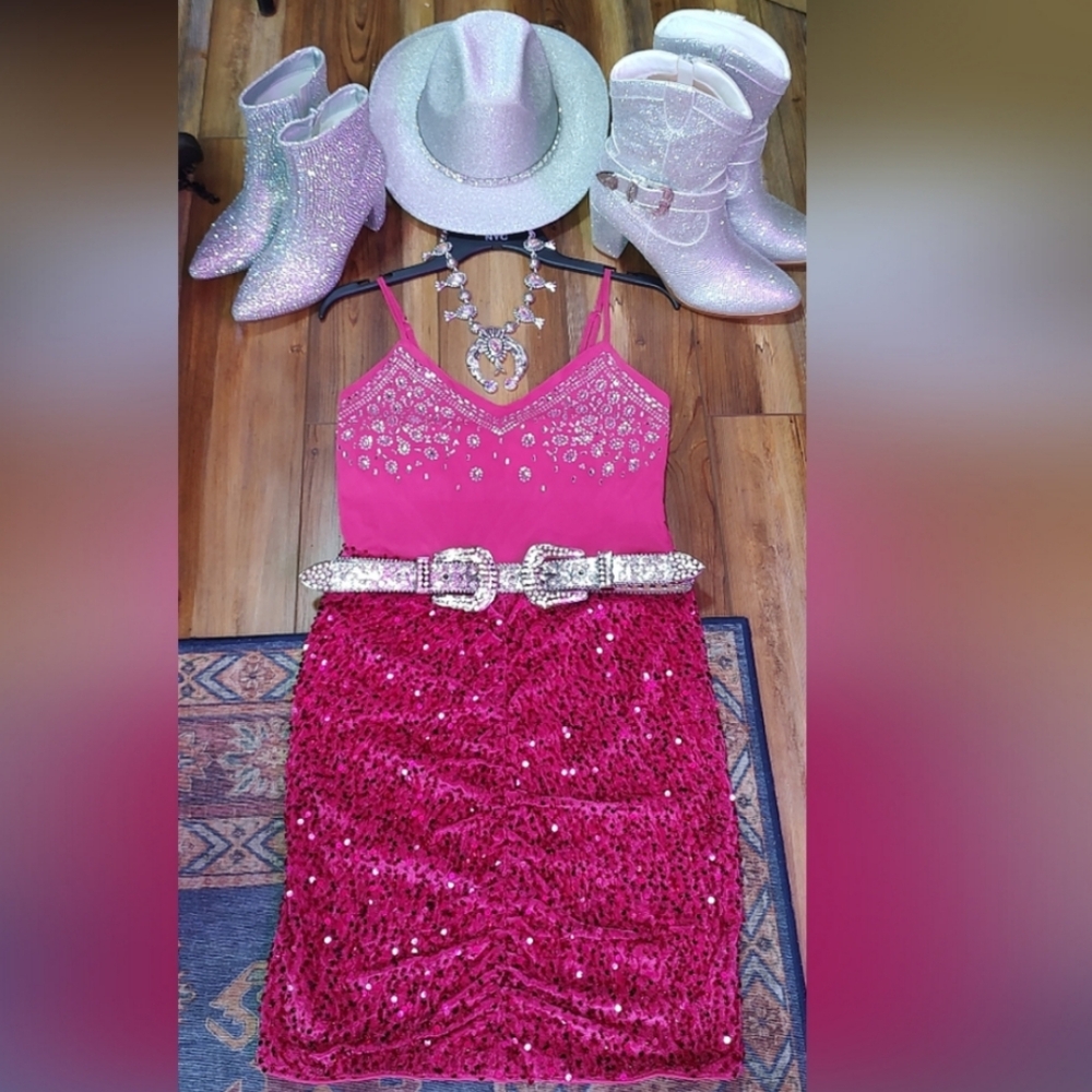 SALE Women's hot pink rhinestone sequence cocktail dress